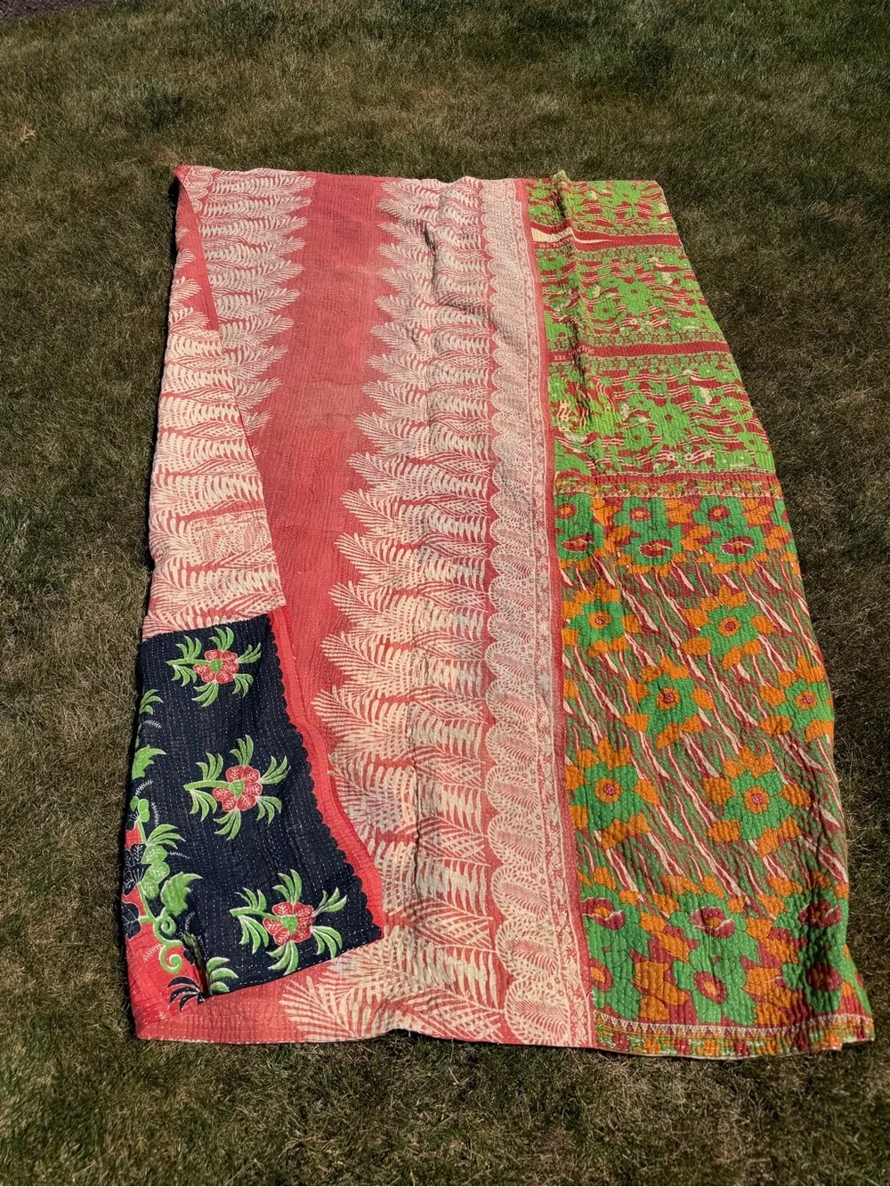 Colorful Vintage Kantha Quilt Throw - Coral, Green, Navy